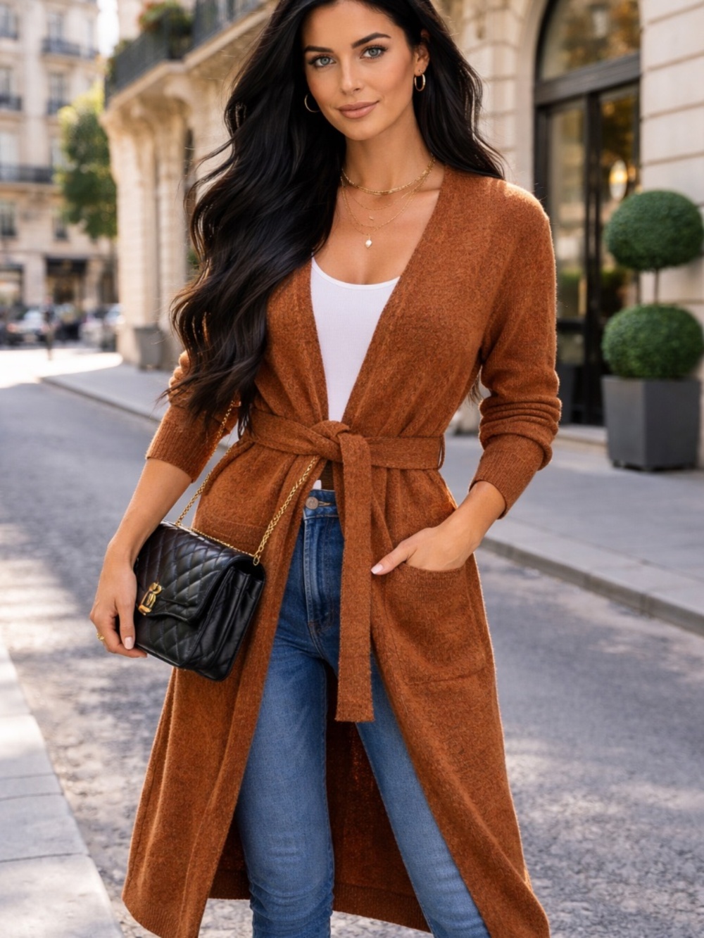 Line & Dot Belted Duster Cardigan Small Brown Bouclé Knit Long Sweater Coat Cozy